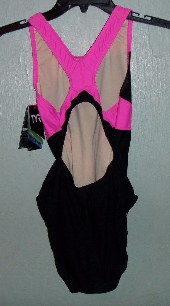TYR Adult Alliance T-Splice Maxback Swimsuit Womens Size 30 Black & Hot Pink New