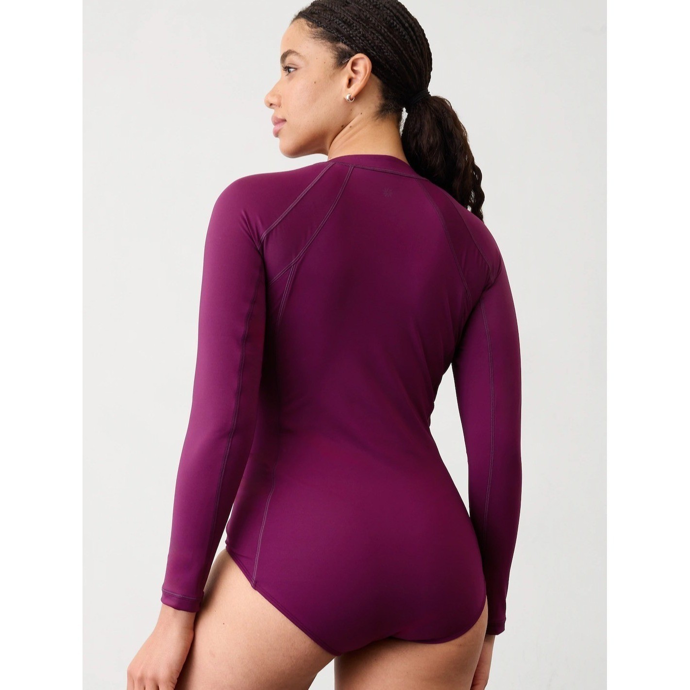 New Athleta One Piece Swimsuit Small Rashguard Purple Long Sleeve NWT Front Zip