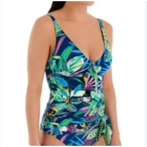 Bleu Rod Beattie Blue Tropical Leaf Print One Piece Swimsuit Small