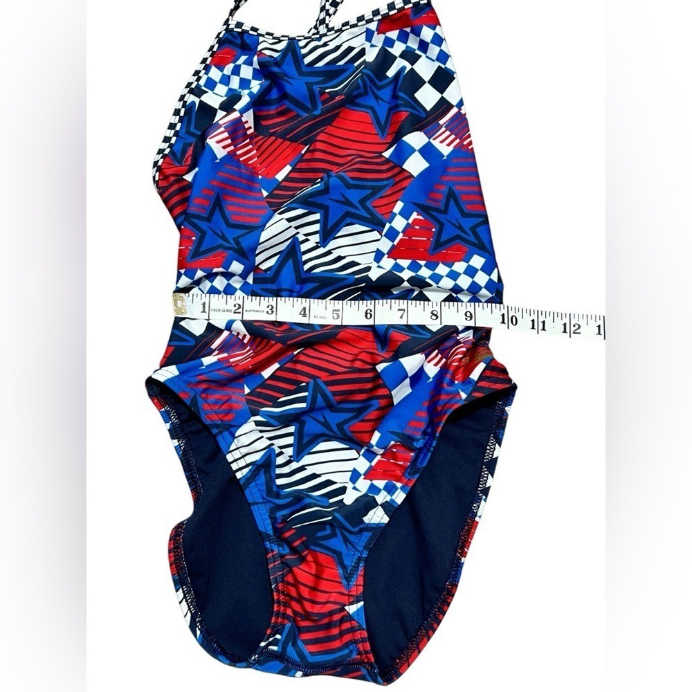 Speedo olympic Overdrive proLT Double X Back blue Red Star Swimsuit size 34 M/L