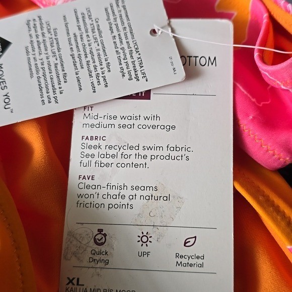 Athleta Kailua Orange Pink Mid Rise Lycra Xtra Life Brief Bottom Size XL NWT