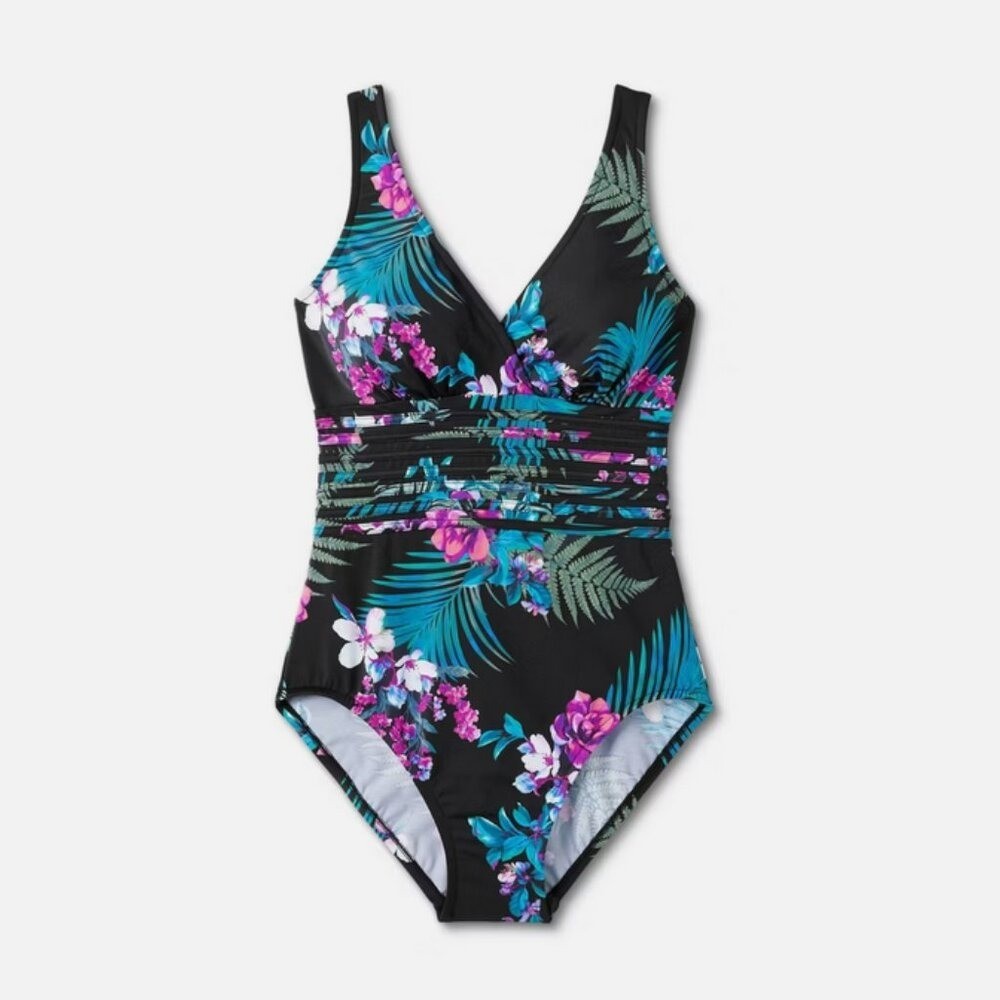 Waist Detail Over the Shoulder One Piece Swimsuit – Aqua Green® Black Foral XL