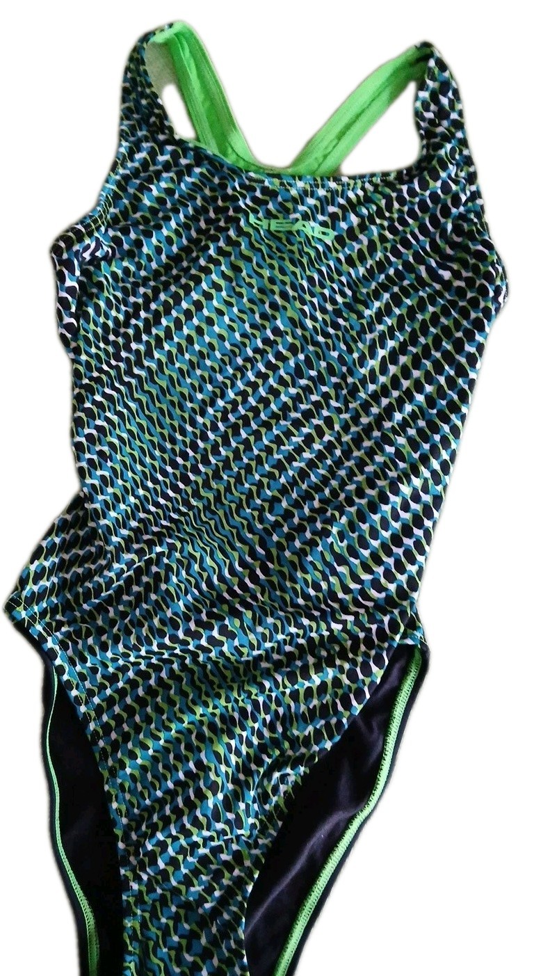 HEAD Youth Liquidlast XS Racer Back Swim Suit High Thigh Green/Blue + Cap/NEW