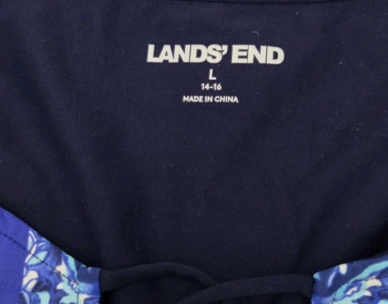 Lands End Size L Swim Dress Cover Up Navy Blue Medallion Floral Trim Tassels