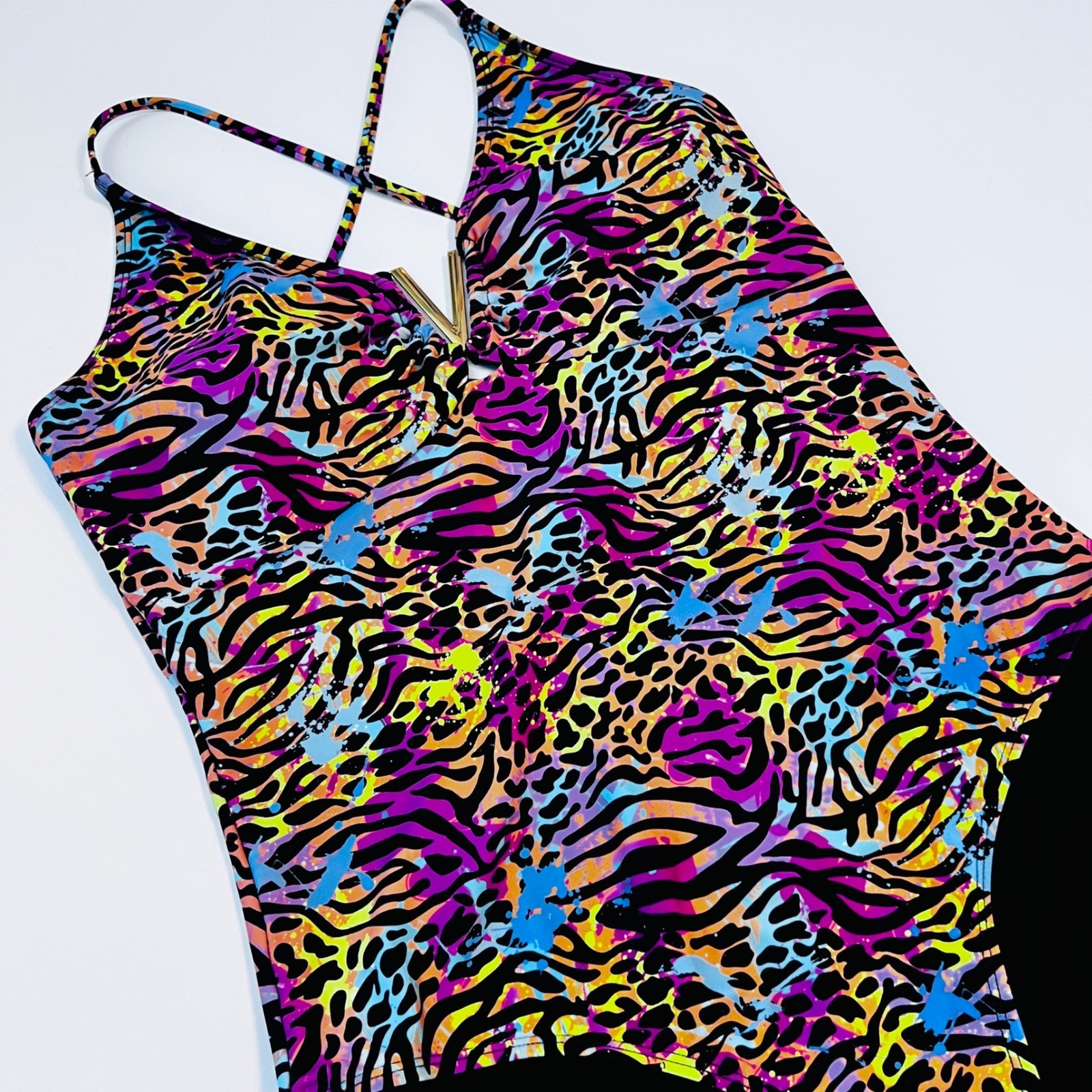 White Birch XL Neon Animal Print One Piece Swimsuit Strappy Back