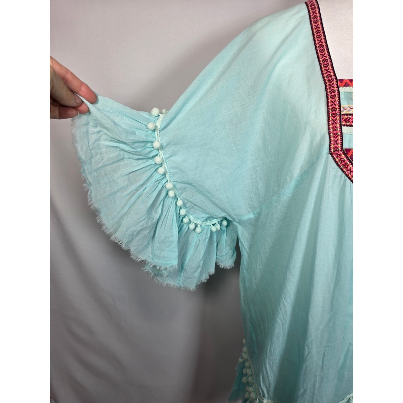 Debbie Katz Tunic L Aqua Embroidered Pom Pom Boho Beach Cover Up