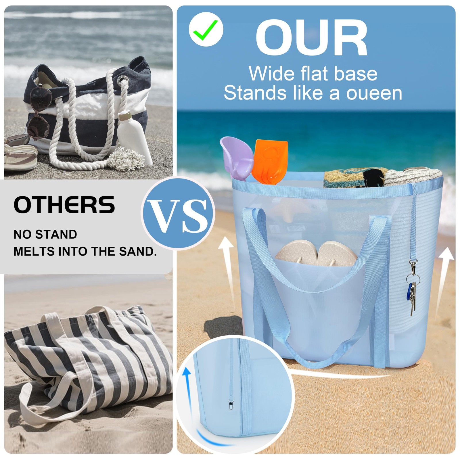 Mesh Beach Bag for Women with Towel Straps, Large Rinse-Through Beach Tote fo…