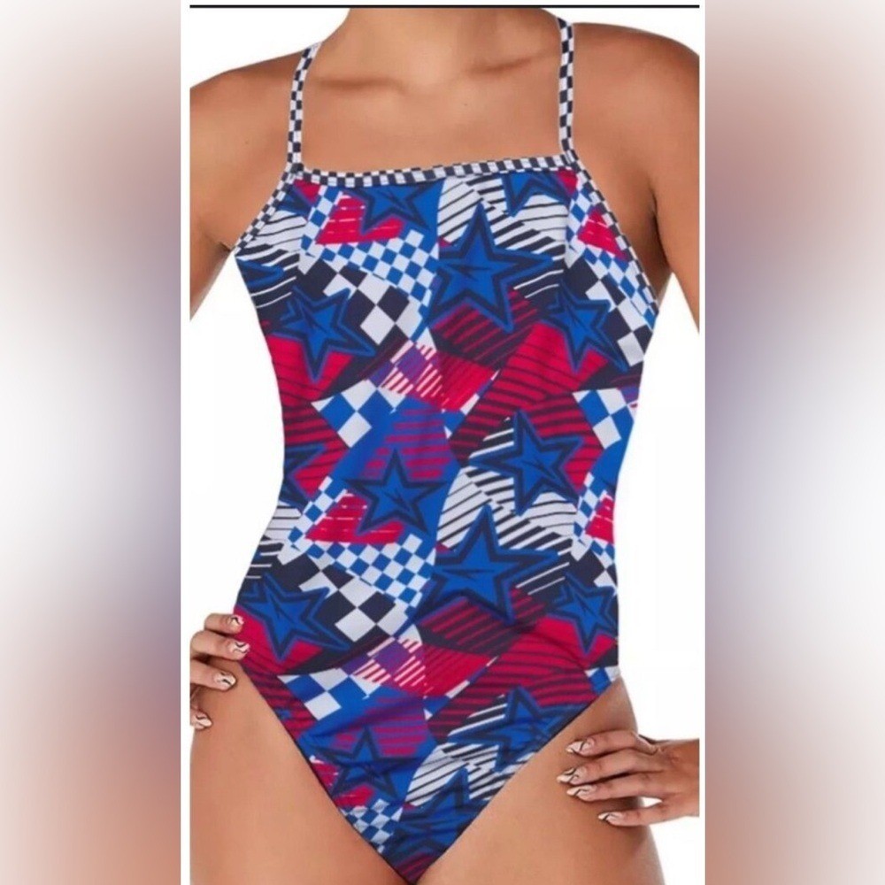 Speedo olympic Overdrive proLT Double X Back blue Red Star Swimsuit size 34 M/L