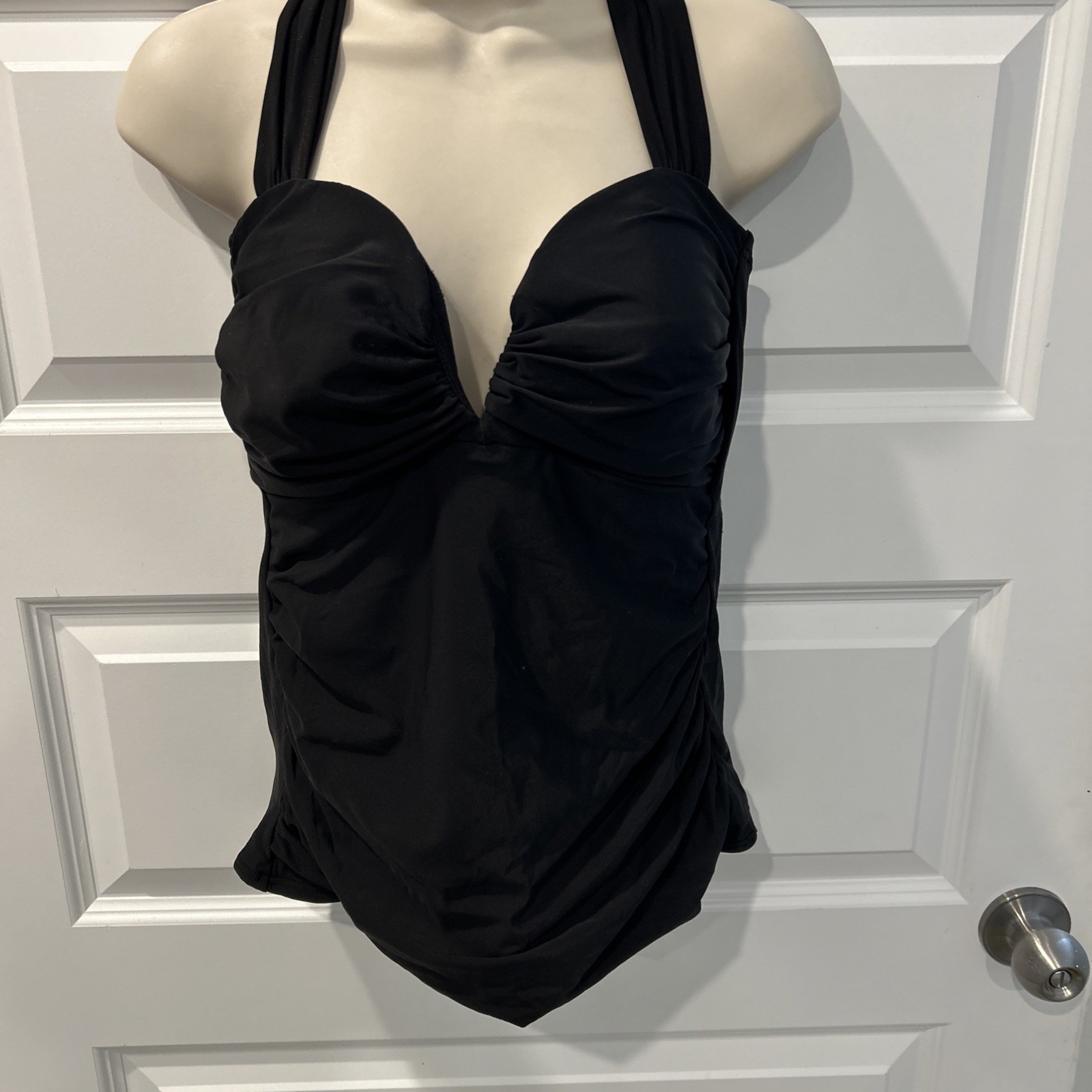 NEW Magic Suit Black Halter Swim Top Built in Bra Swimsuit Sz 10 Ruched Sides