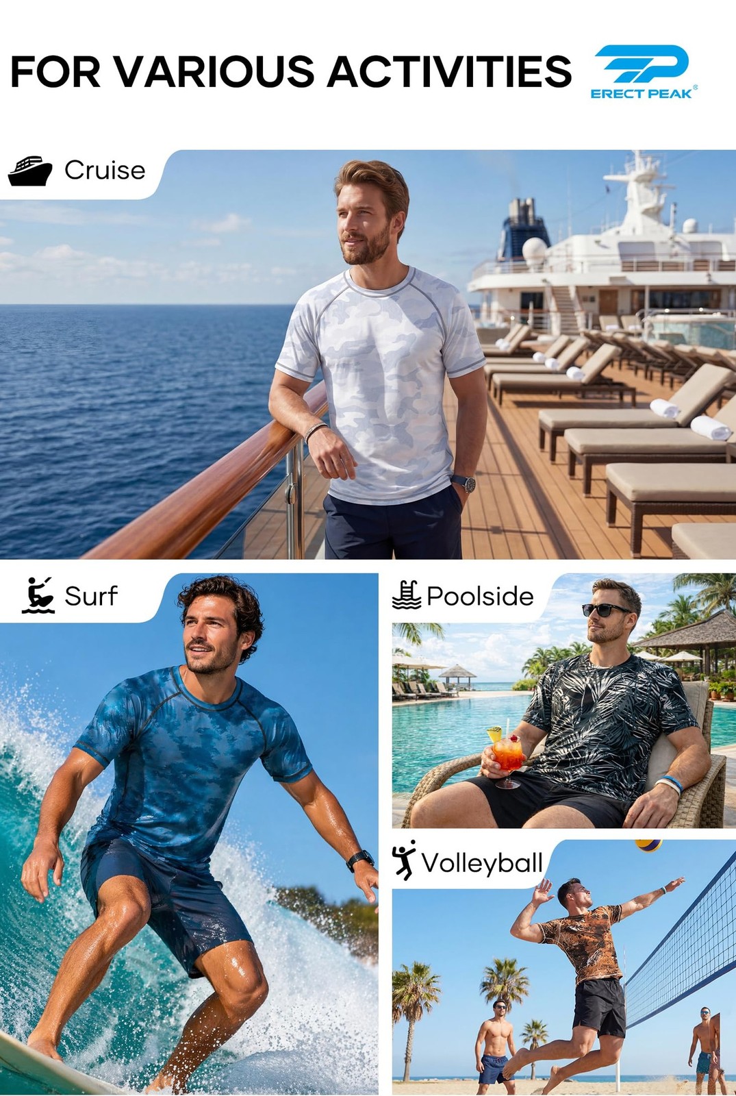 Men Rash Guard Swim Shirts UPF 50+ Sun Protection Quick Dry Allover Print Cam…