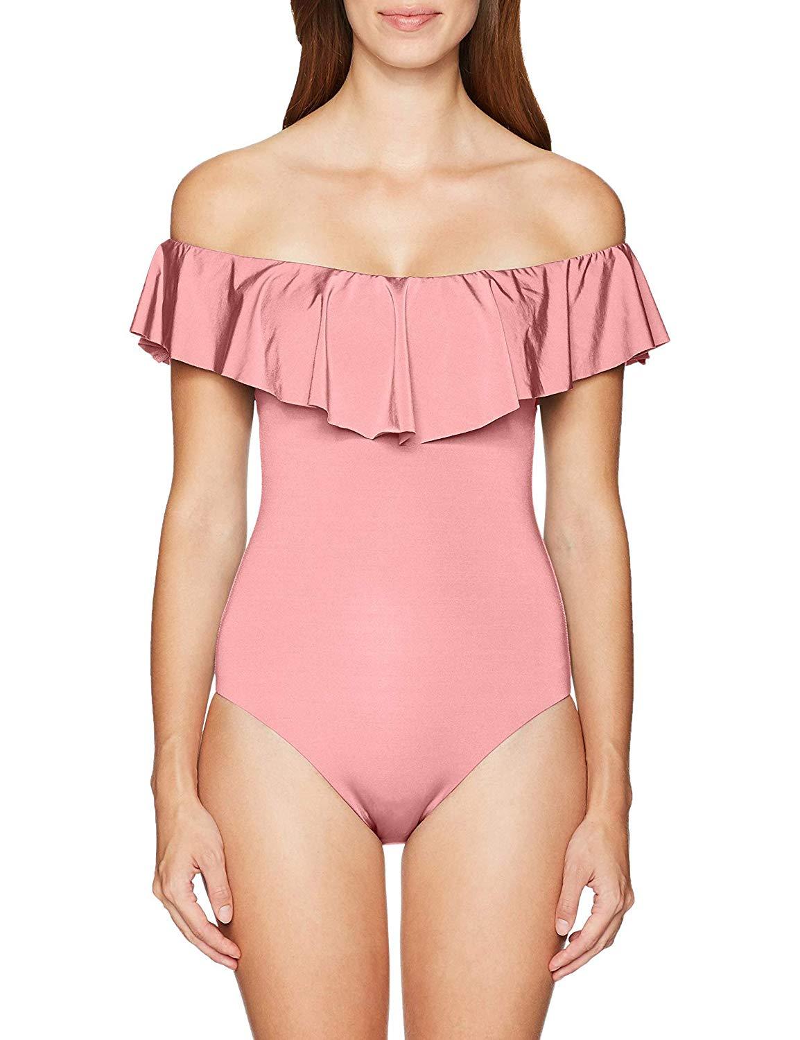 TRINA TURK Women’s TT8BF11 OFF SHOULDER RUFFLE BANDEAU Light Coral SWIMSUIT- 14