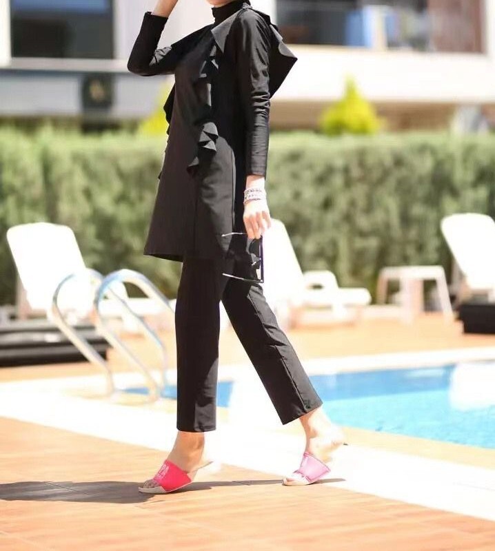 Women Full Coverage Ruffled Swimwear Pants Hat 3-Piece Muslim Swimsuit S-3XL