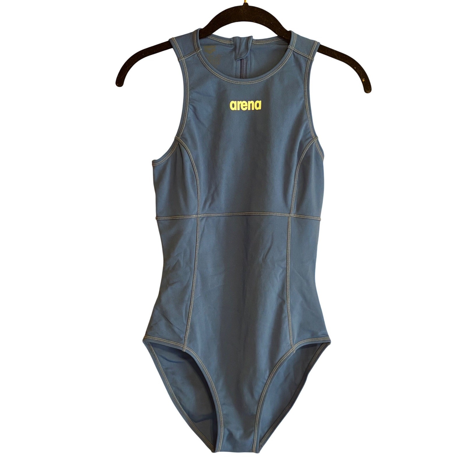 Arena Womens High Neck One Piece Swimsuit Blue Back Zip Training Swim Size 36