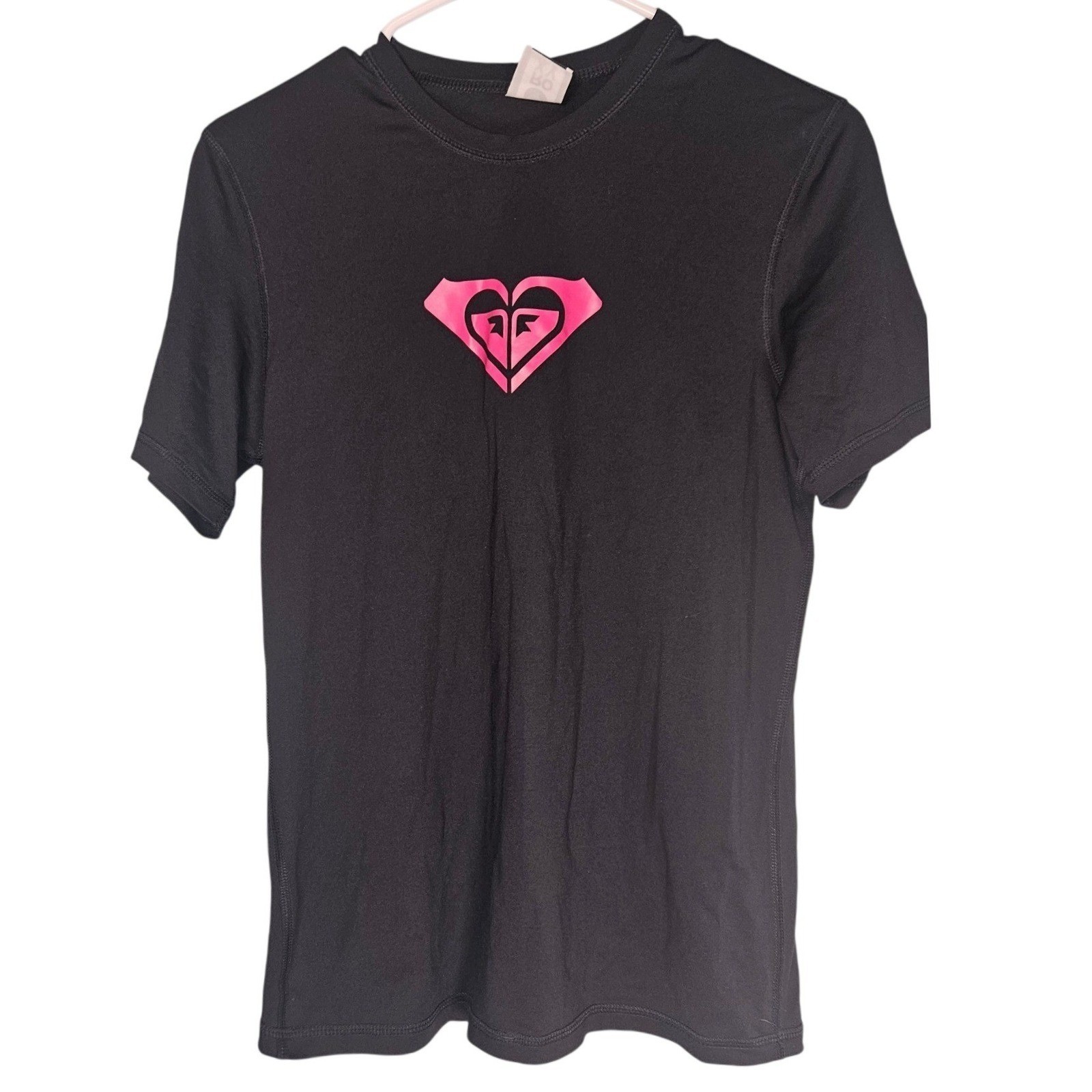 Roxy Womens Black Short Sleeve Rash Guard Swim Shirt Pink Heart Logo S/M Beach