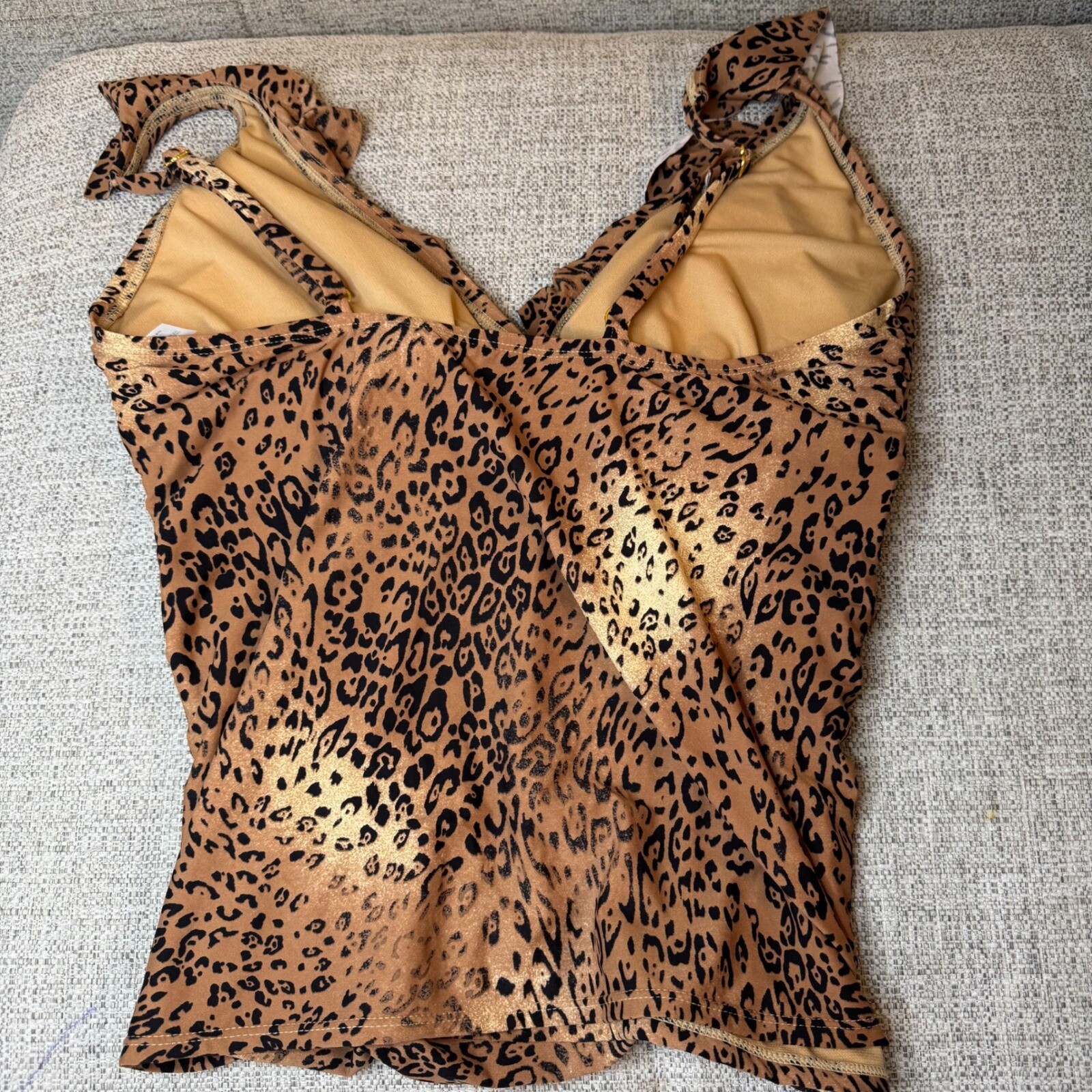 Sonnet Shores Leopard Print Tank Top Ruffle Strap Swim Top Brown Women’s Size 14