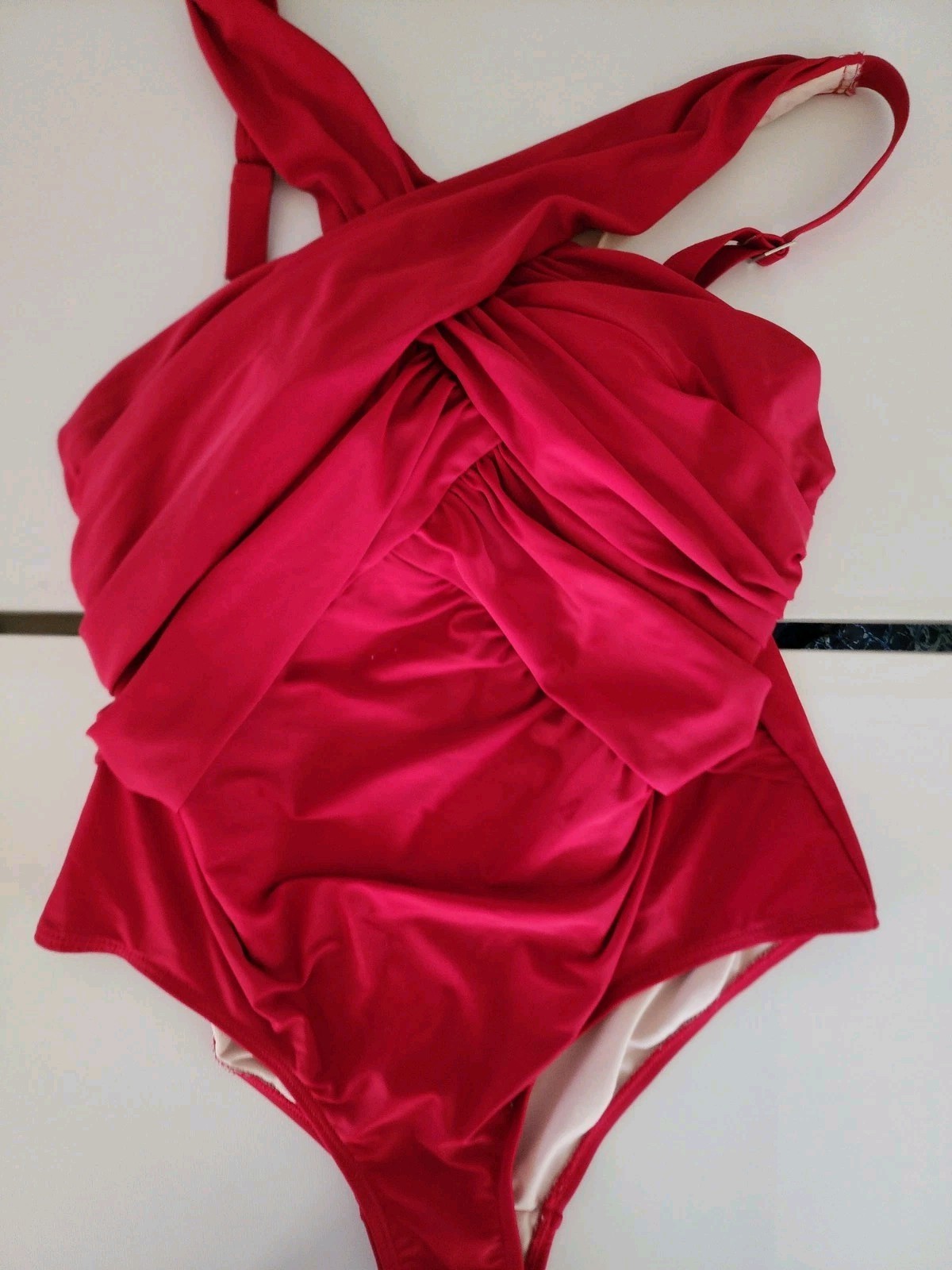 Vintage Red Halter One Piece Swimsuit Twist Front Open Back Back Padded 20