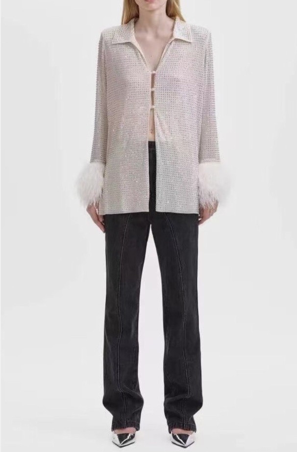 NWOT Self-Portrait Cream Rhinestone Mesh Feather Trimmed Shirt US6 $530