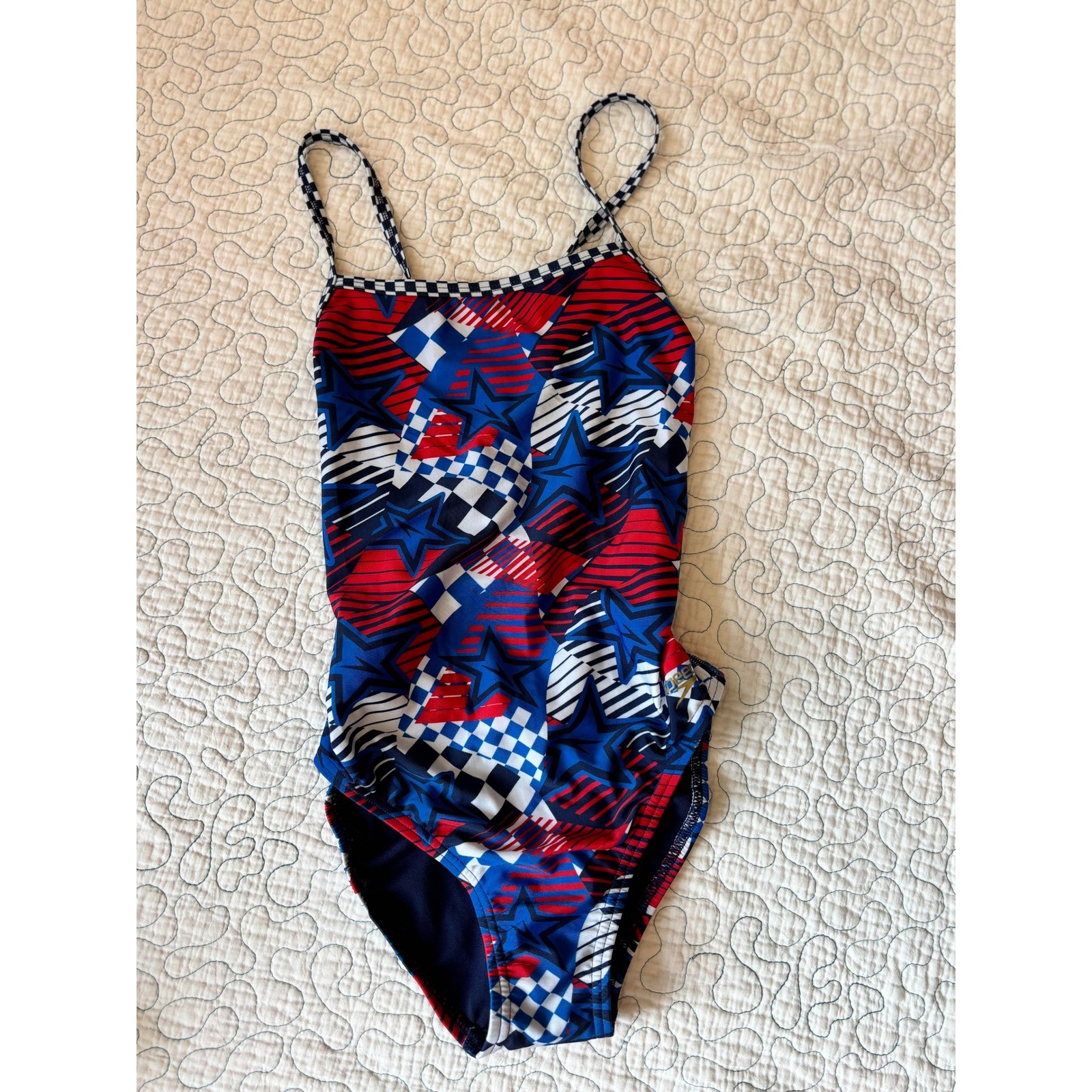 Speedo Overdrive One Piece Swimsuit True Cobalt Stars Stripes Red White Blue 34