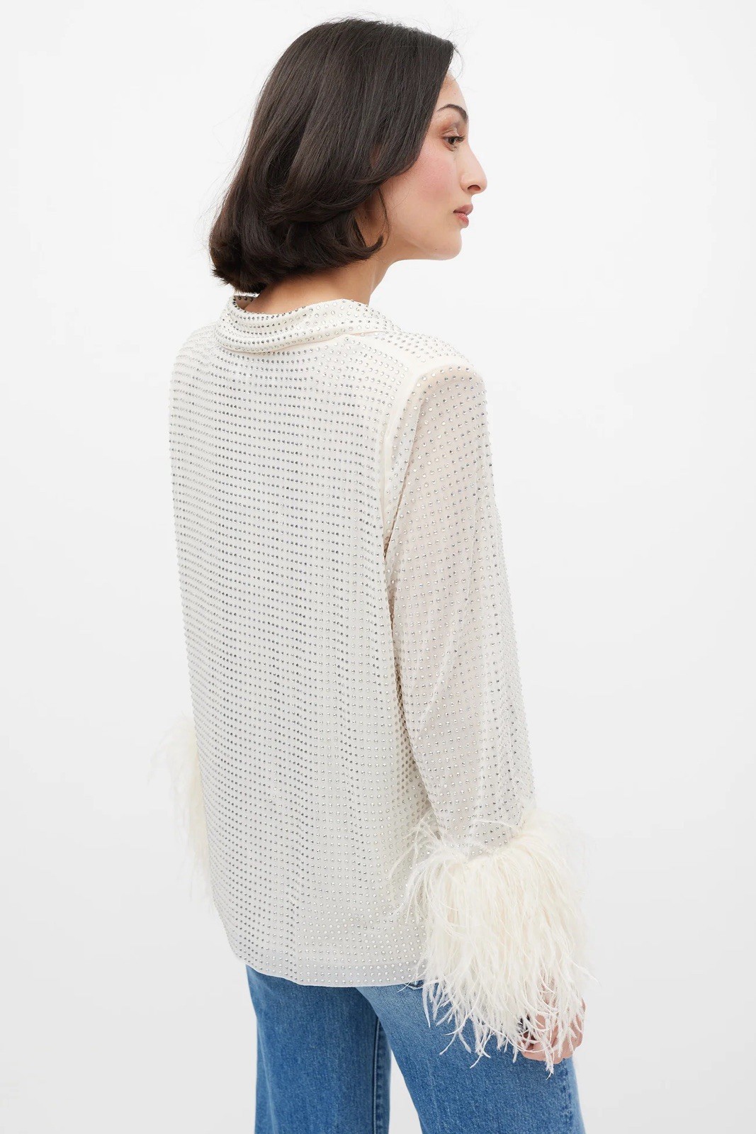 NWOT Self-Portrait Cream Rhinestone Mesh Feather Trimmed Shirt US6 $530