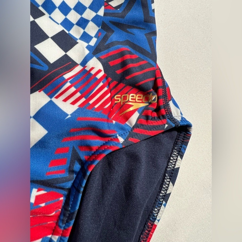 Speedo olympic Overdrive proLT Double X Back blue Red Star Swimsuit size 34 M/L