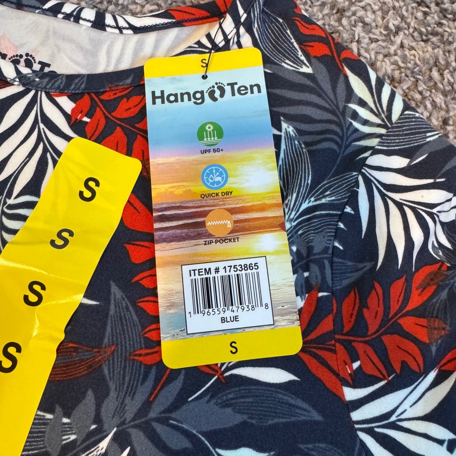 NWT Hang Ten Women’s Long Sleeve Rash Guard Shirt UPF 50+ w/ Zip Pocket Small