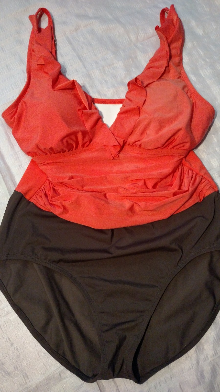 CURVALLURE Sz XL coral/brown breast padding ruffle one piece swimsuits
