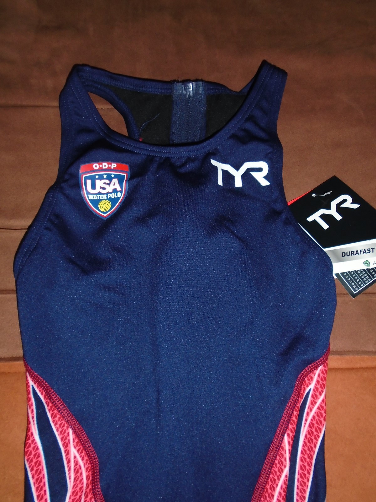 TYR Phoenix USA Logo Destroyer Blue Red Water 1-Piece Polo Swimsuit Womens Sz 26