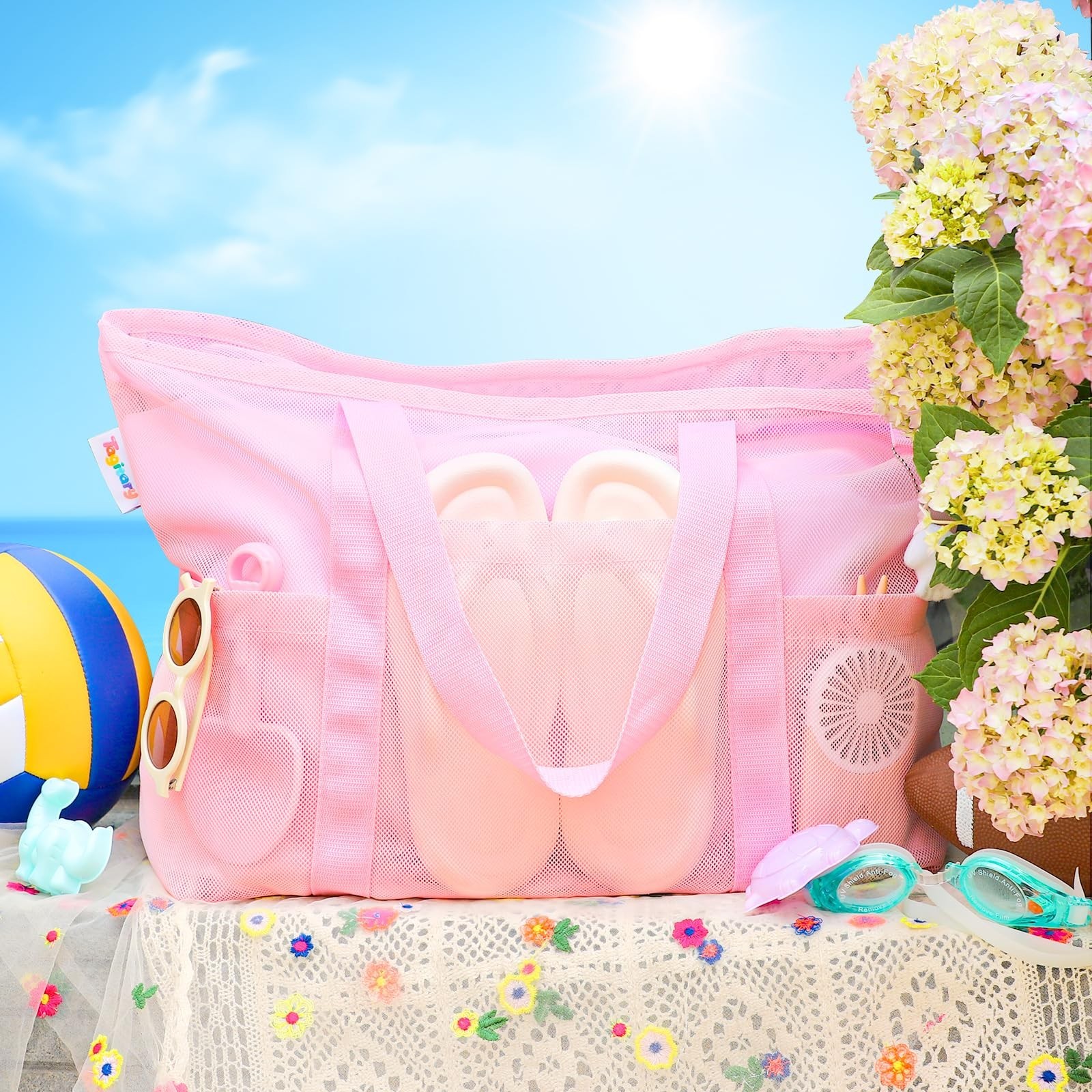 Tagitary Mesh Beach Bag with Zipper and 8 Pockets Yellow & Pink, Large Beach …