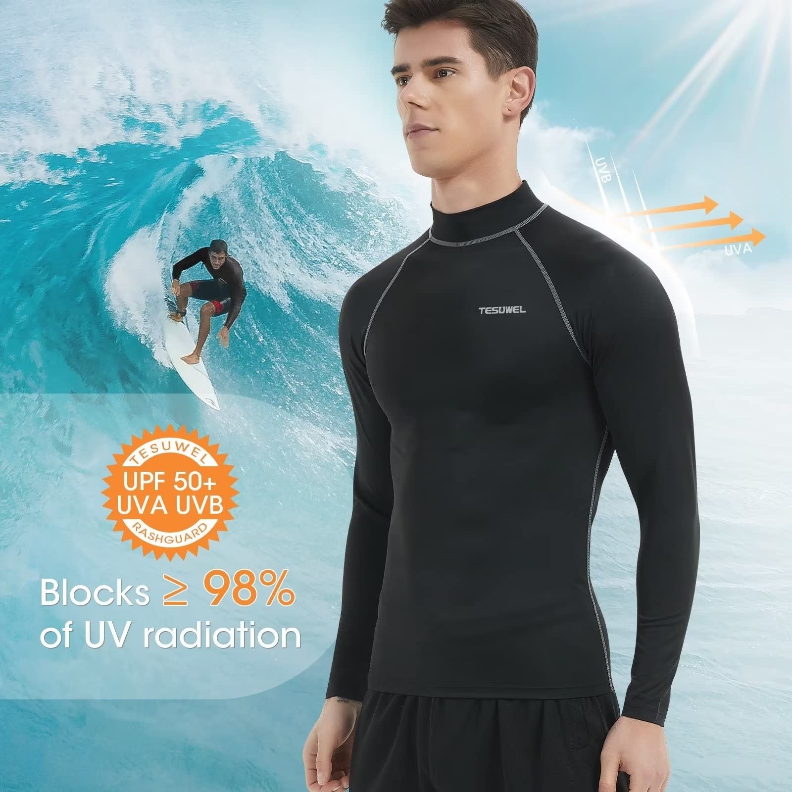Rash Guard for Men Long Sleeve UPF 50+ Mens Swim Shirts UV Protection Compres…