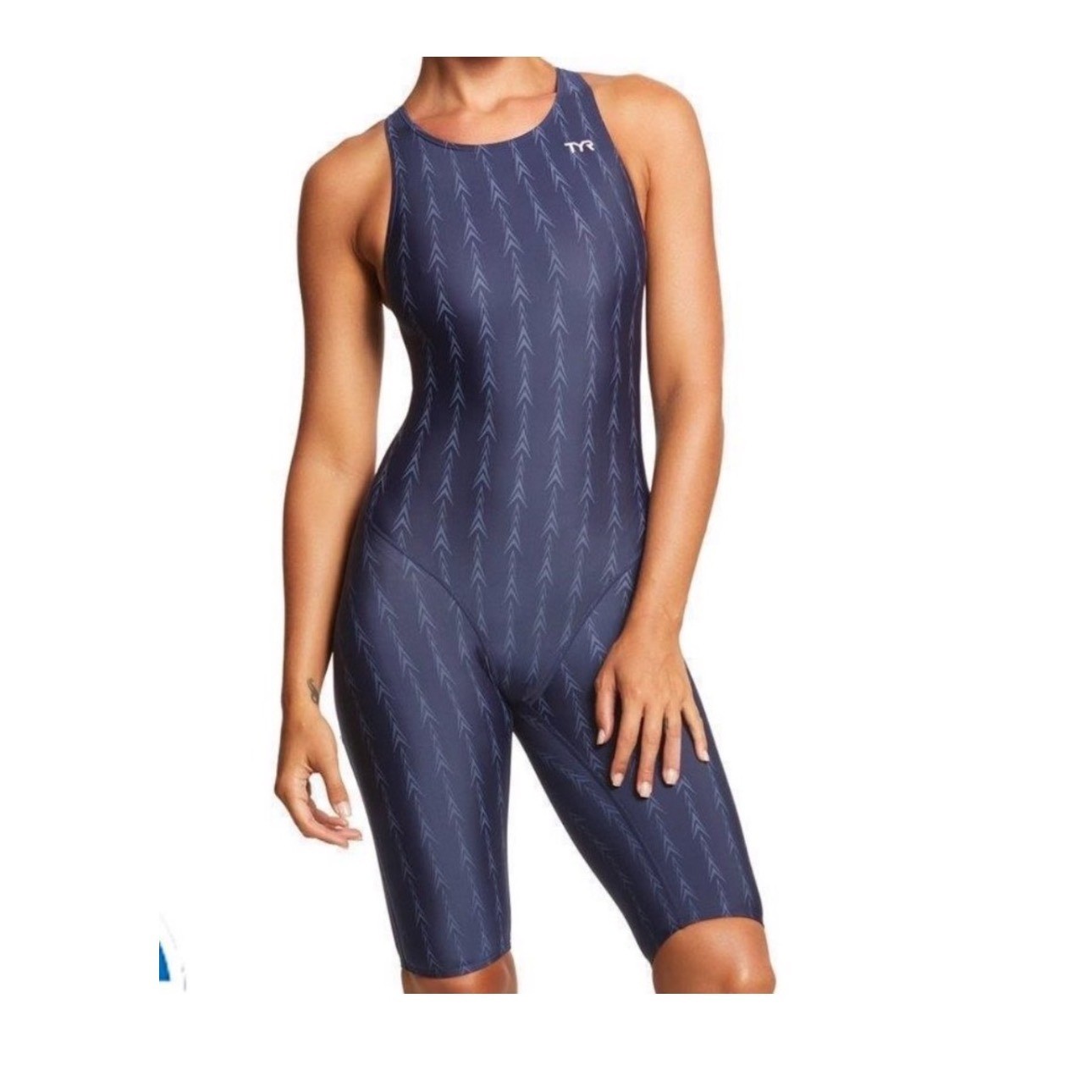 TYR Women Navy Blue Geometric Performance Kneeskin Swimsuit Size 36 CL001UF