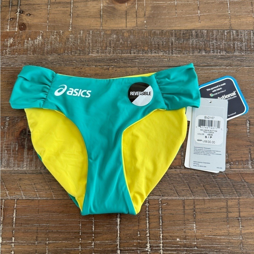 Asics Women’s Athletic Keli Bikini Reversible Swim Bottom Teal/Lemon Small NWT
