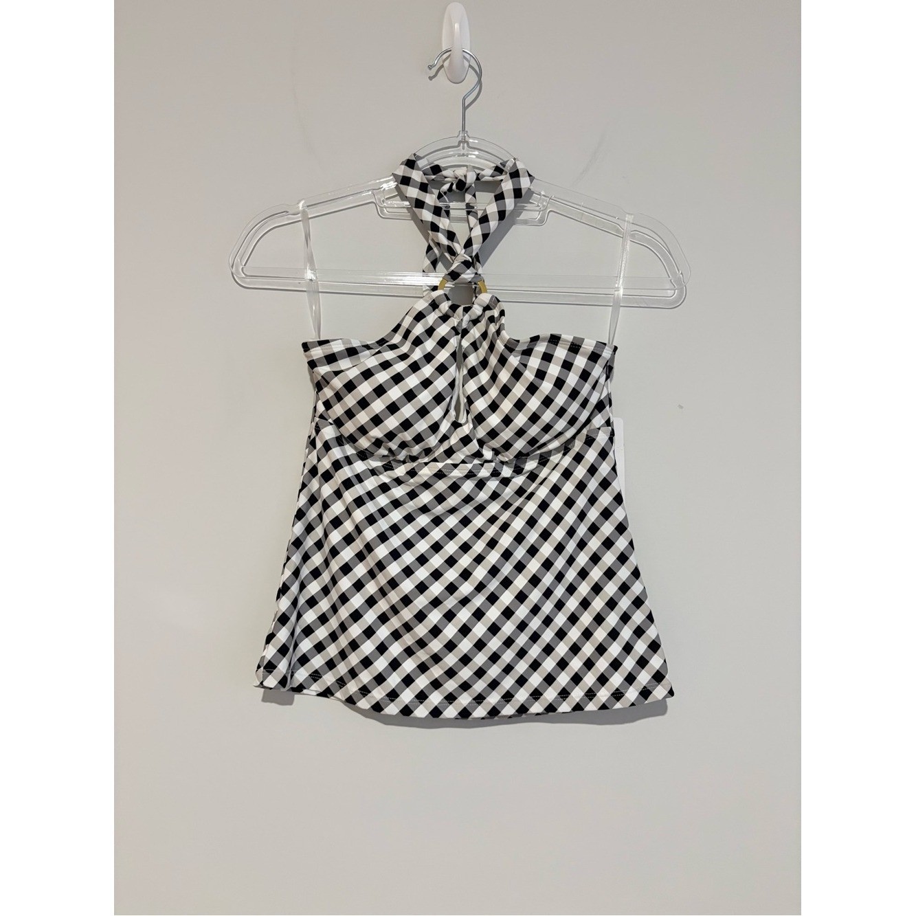 Freshwater Checked O-Ring Halter Tankini Top black white size medium