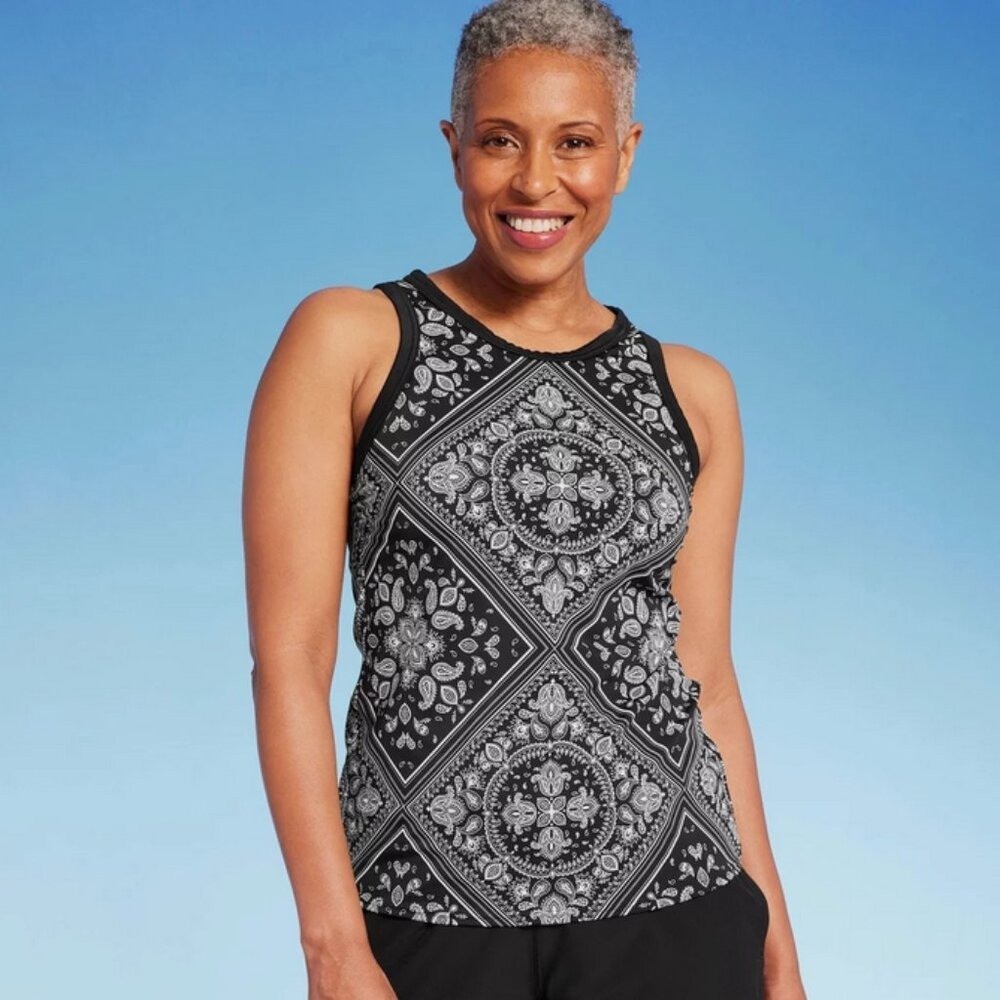 Lands’ End Women’s UPF 50 Bandana Print High Neck Tankini Top – Black S