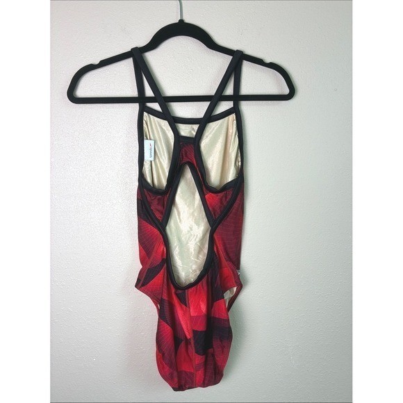 SPEEDO Size 10 Red Black Rising Sun Lycra Geoback One Piece Racer Swimsuit Beach