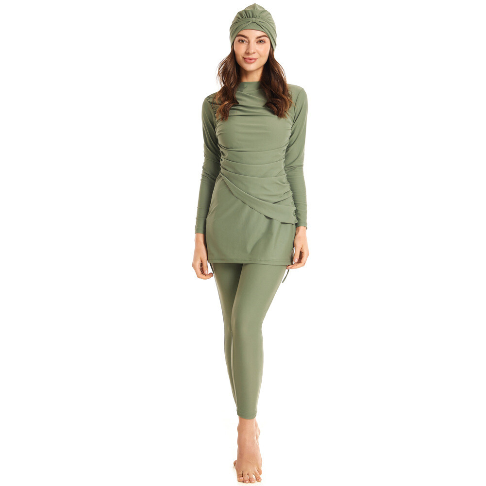 3pcs Plus Size Swimwear Muslim Women Hijab Swimsuit Hat Tops Pants Bathing Suit