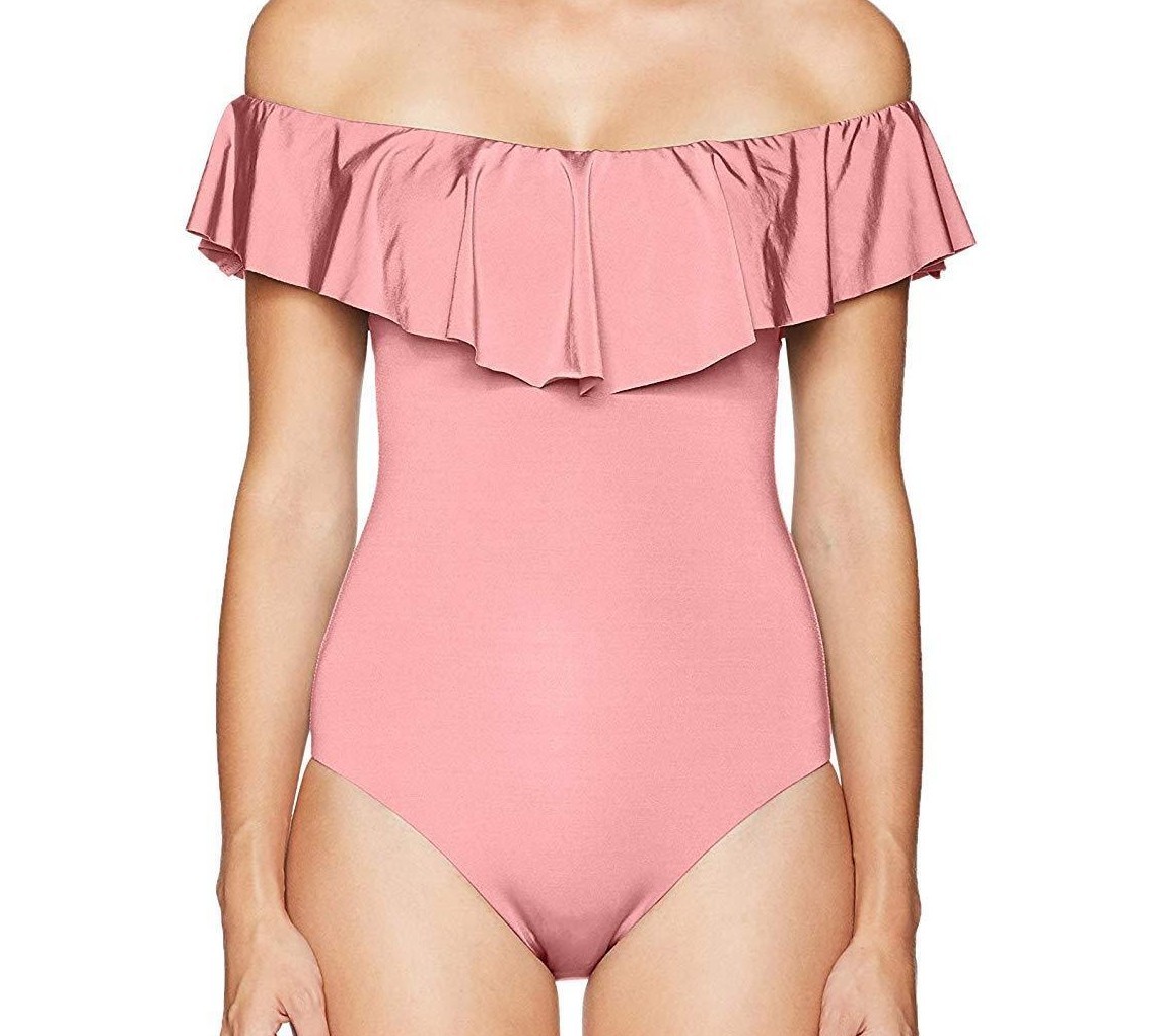 TRINA TURK Women’s TT8BF11 OFF SHOULDER RUFFLE BANDEAU Light Coral SWIMSUIT- 14