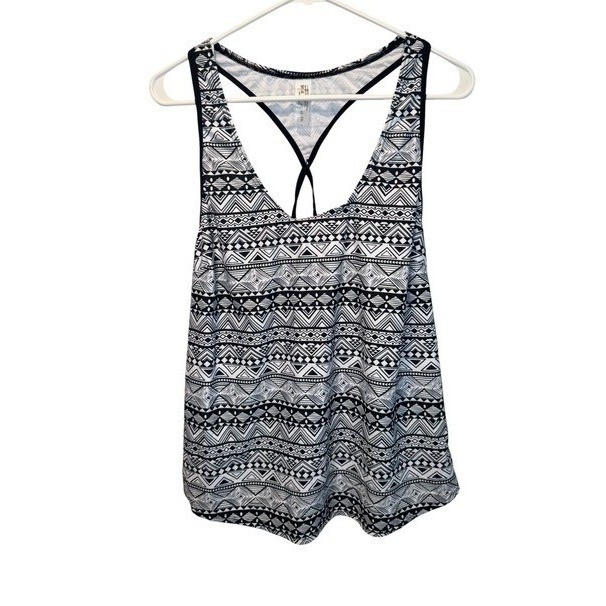 Womens XXL Black White Geometric Tribal Print Racerback Active Swim Top NEW