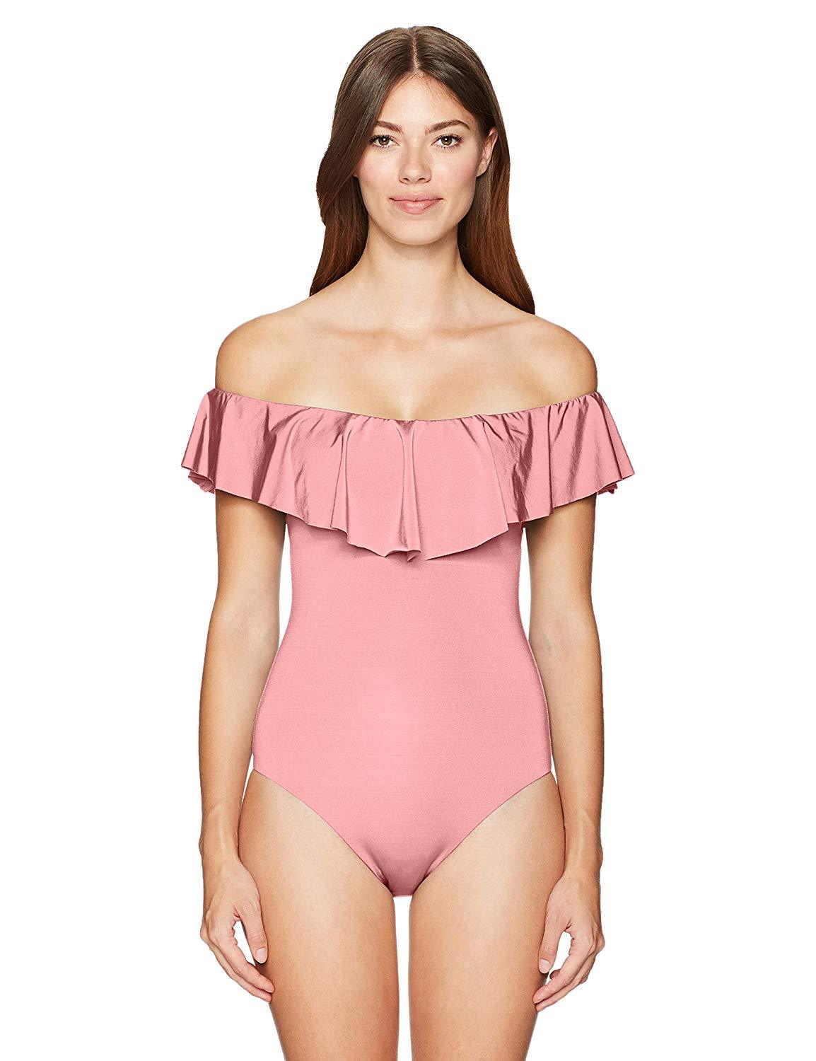 TRINA TURK Women’s TT8BF11 OFF SHOULDER RUFFLE BANDEAU Light Coral SWIMSUIT- 14