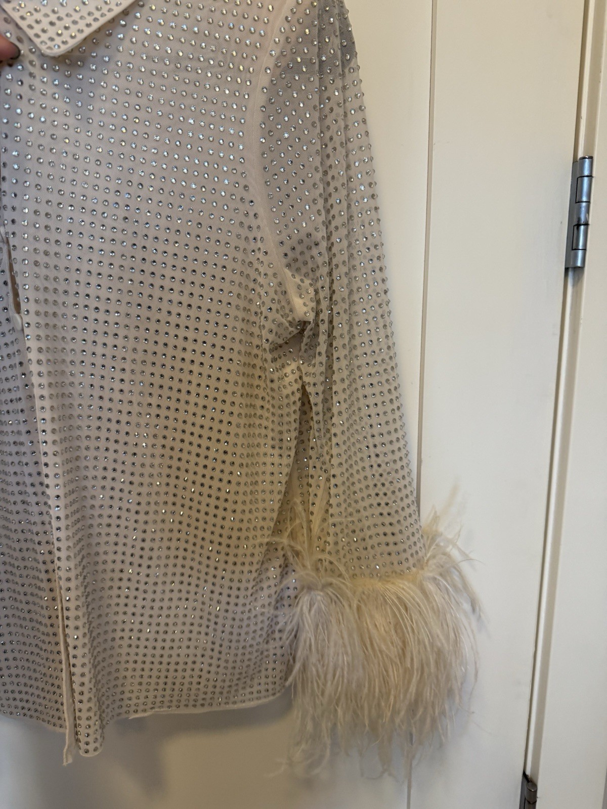 NWOT Self-Portrait Cream Rhinestone Mesh Feather Trimmed Shirt US6 $530