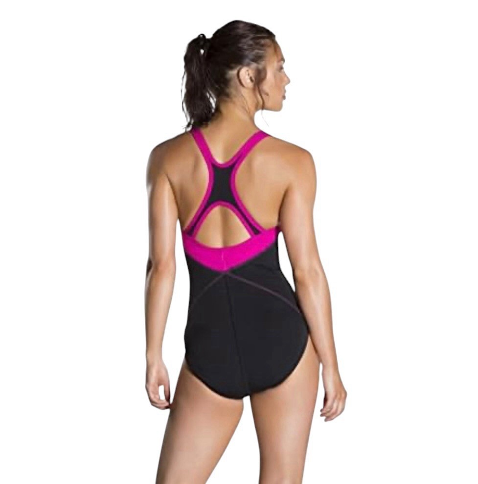 Speedo Women’s Fit Laneback Swimsuit Mesh Lined In Black & Pink Size Au 12