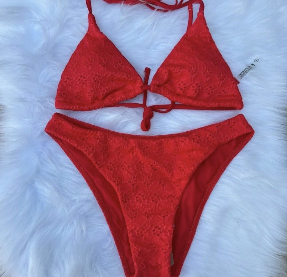 Medium Top and Bottom Berlook Red Bikini Set with Decorative Trim