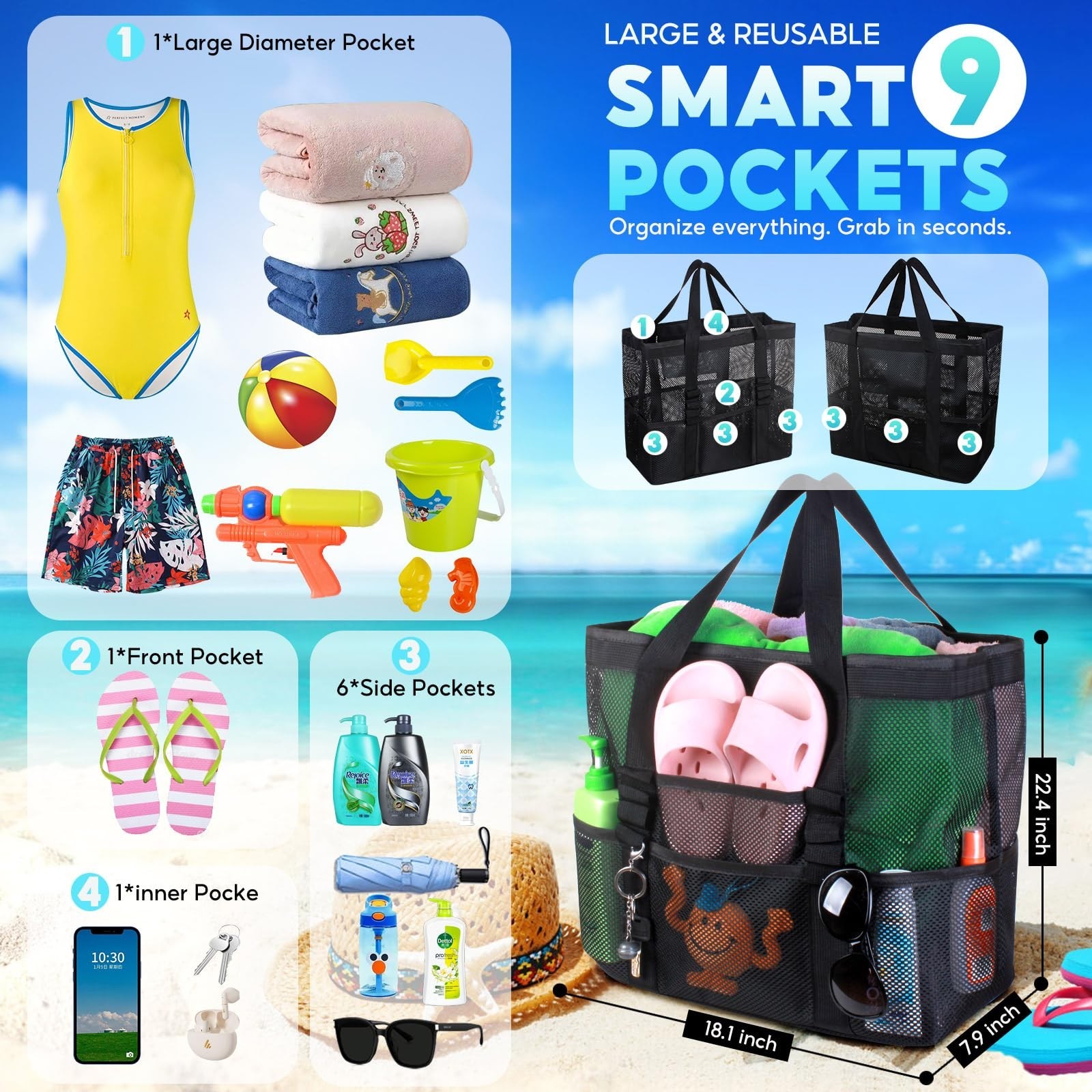 Large Mesh Beach Bag – Lightweight Beach Tote with 9 Pockets, Beach Bag fo