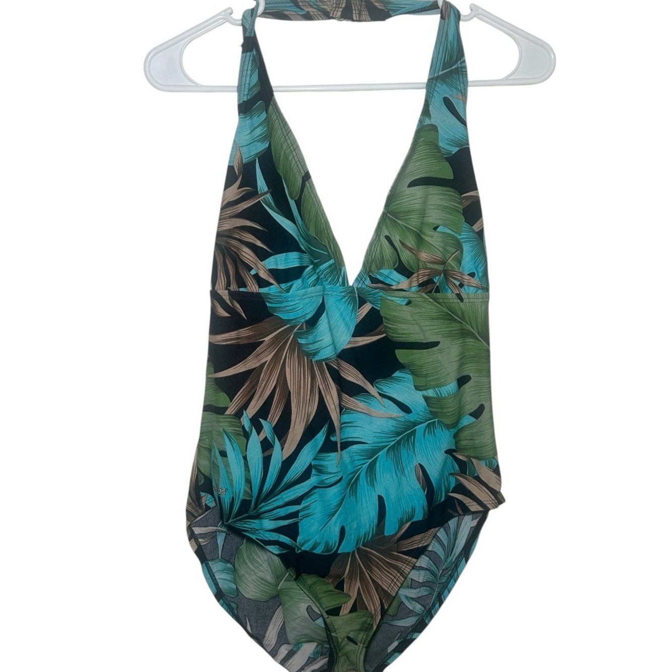 Speedo Womens Tropical Halter One-Piece Swimsuit Green Teal Vacation Beach Resor