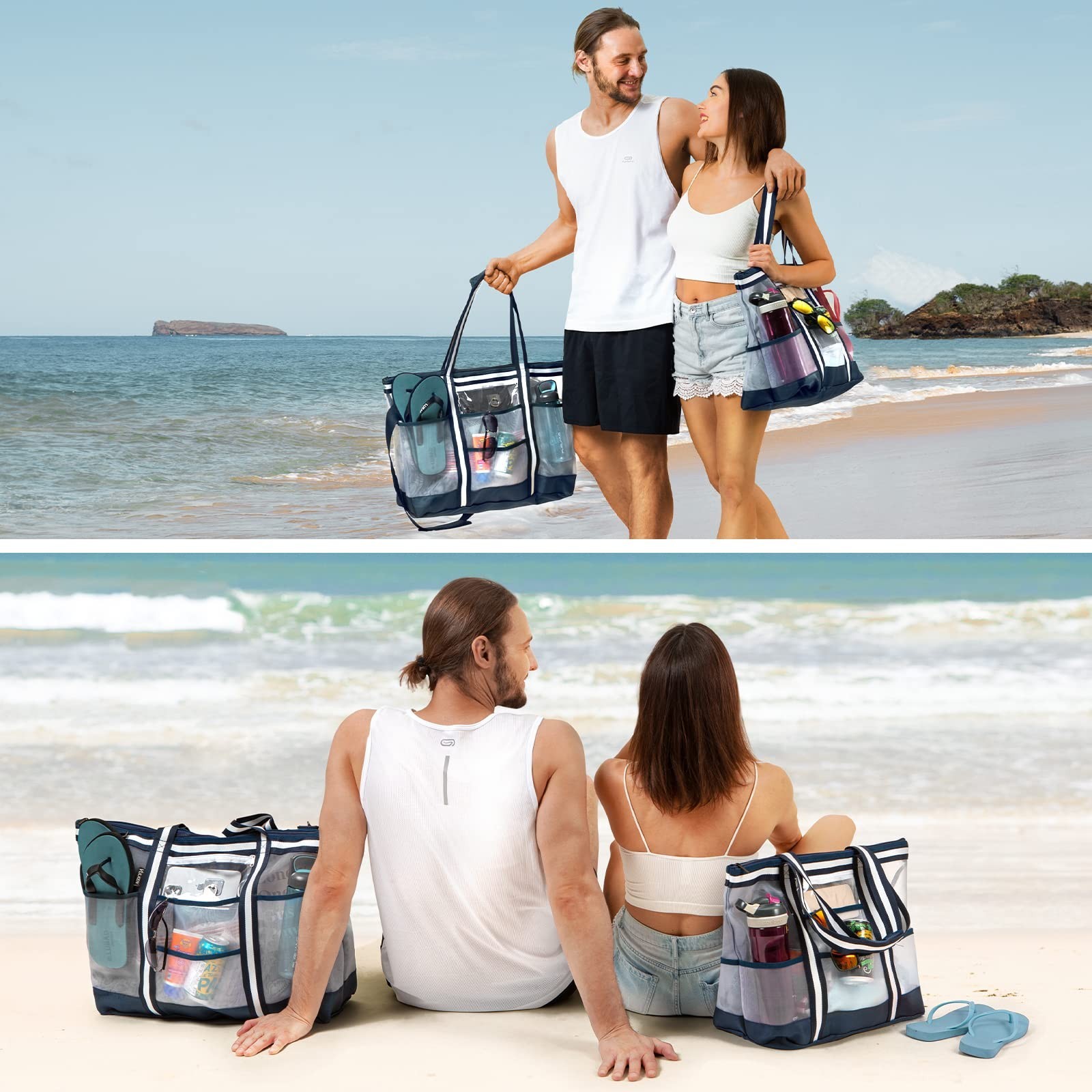 Vulken 42L Extra Large Mesh Beach Bag. 9 Pockets Top Zip Tote Bag Shoulder Bag