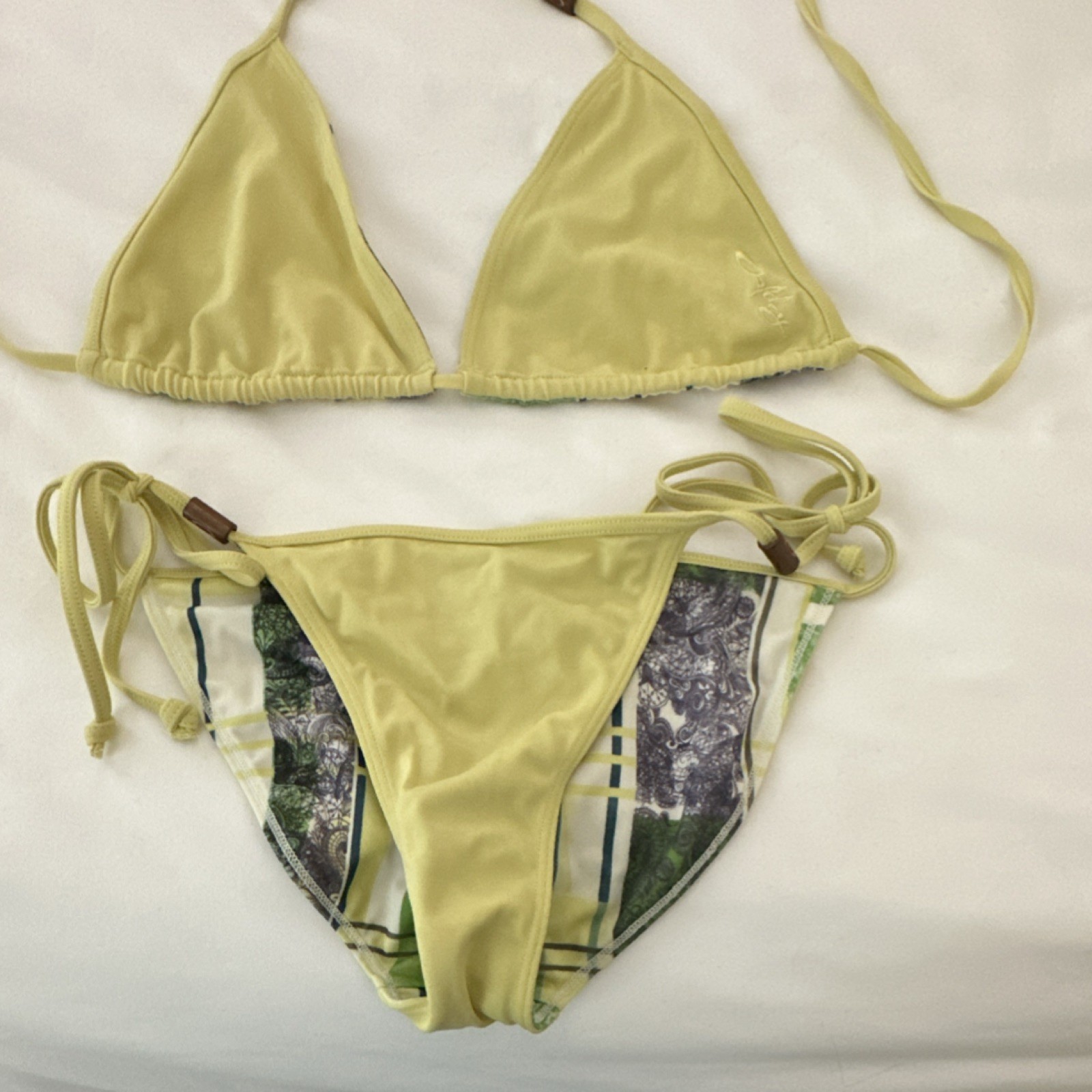 Oakley Bikini Triangle Top Yellow Green Plaid Swimwear for Swimming