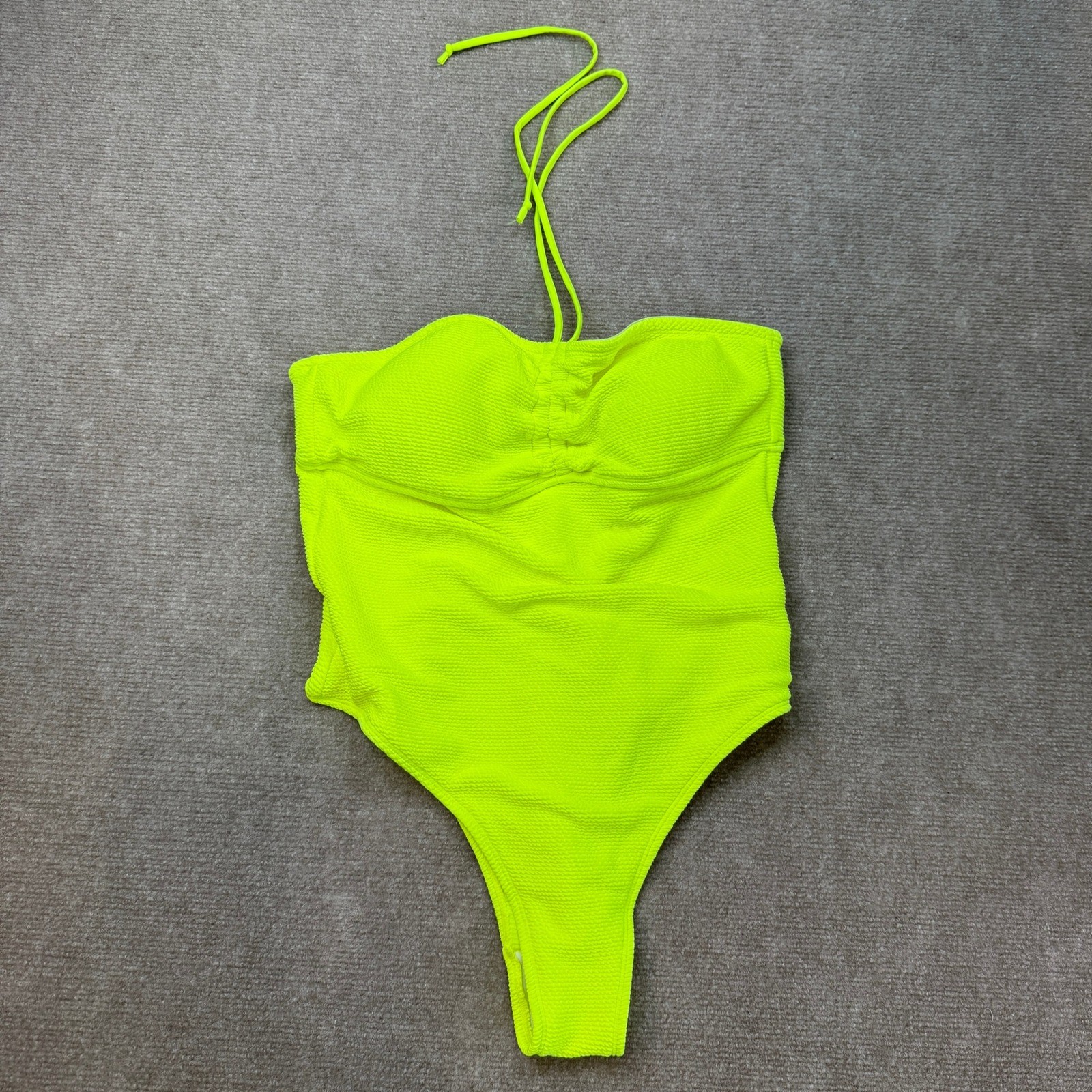 Women’s XL Neon Yellow One-Piece Strapless Swimsuit With Drawstring, Bathing Su