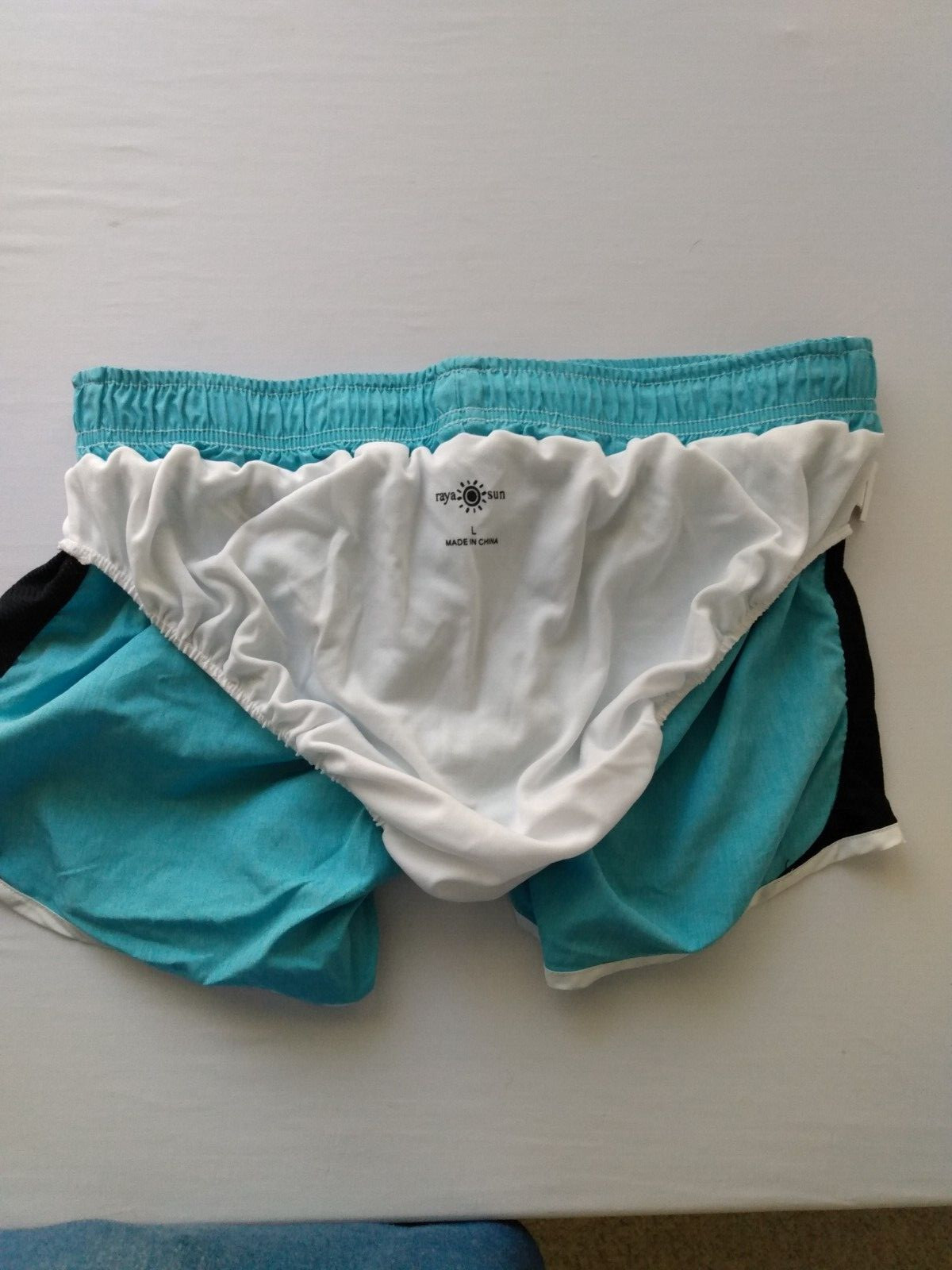 Raya Sun Shorts Women’s Large Track Run Swim Lined Side Stripe Aqua Black