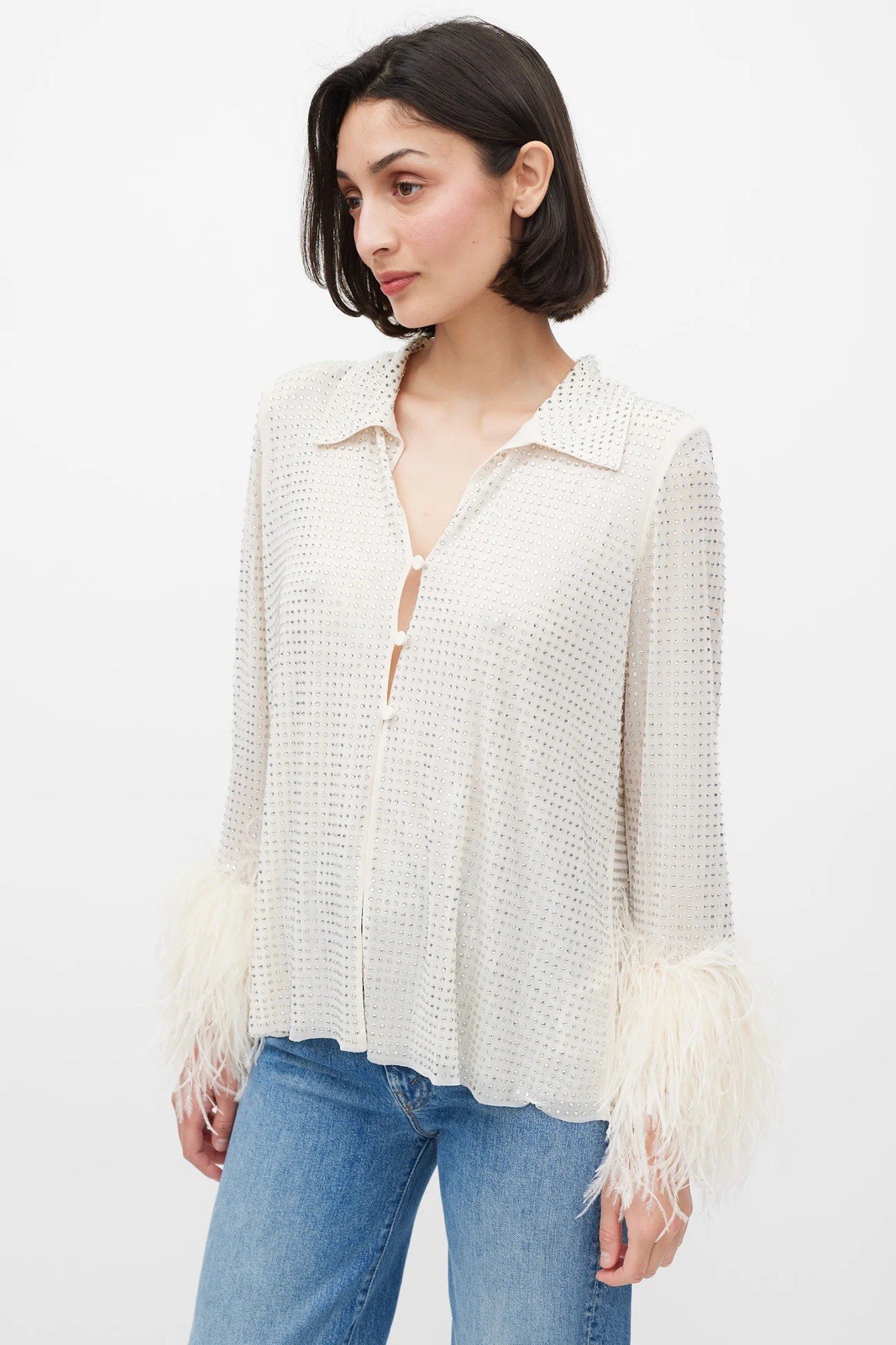 NWOT Self-Portrait Cream Rhinestone Mesh Feather Trimmed Shirt US6 $530