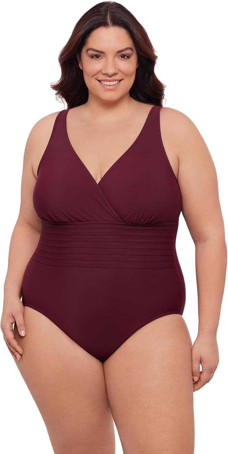 Aqua Green Women’s Full Coverage V-Neck Surplice Trim Overlay One Piece Swimsuit