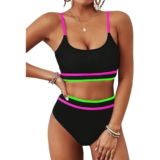 MSRP $43 BMJL Women’s Black S High Waisted Bikini Ribbed Two Piece Swimsuit Hi